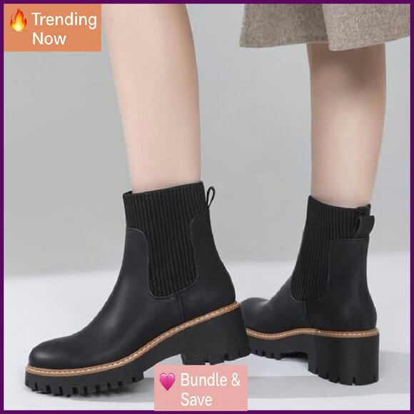 Platform Chelsea Boots Elastic Ankle Heel Lug Sole Chunky Booties - Picture 3 of 8